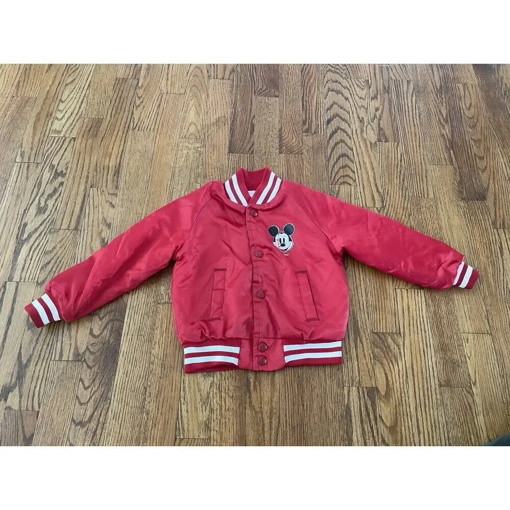 Vintage Mickey Mouse Satin Jacket Kids Size 5 Disney Red Bomber 80s 90s